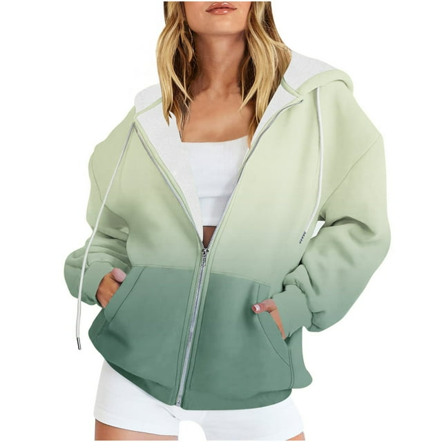 Timegard Cardigans pour Femmes Chandails à Capuchon à Fermeture Éclair Hauts Couleur Dégradée Décontractés Amples Chandail à Enfiler Poches