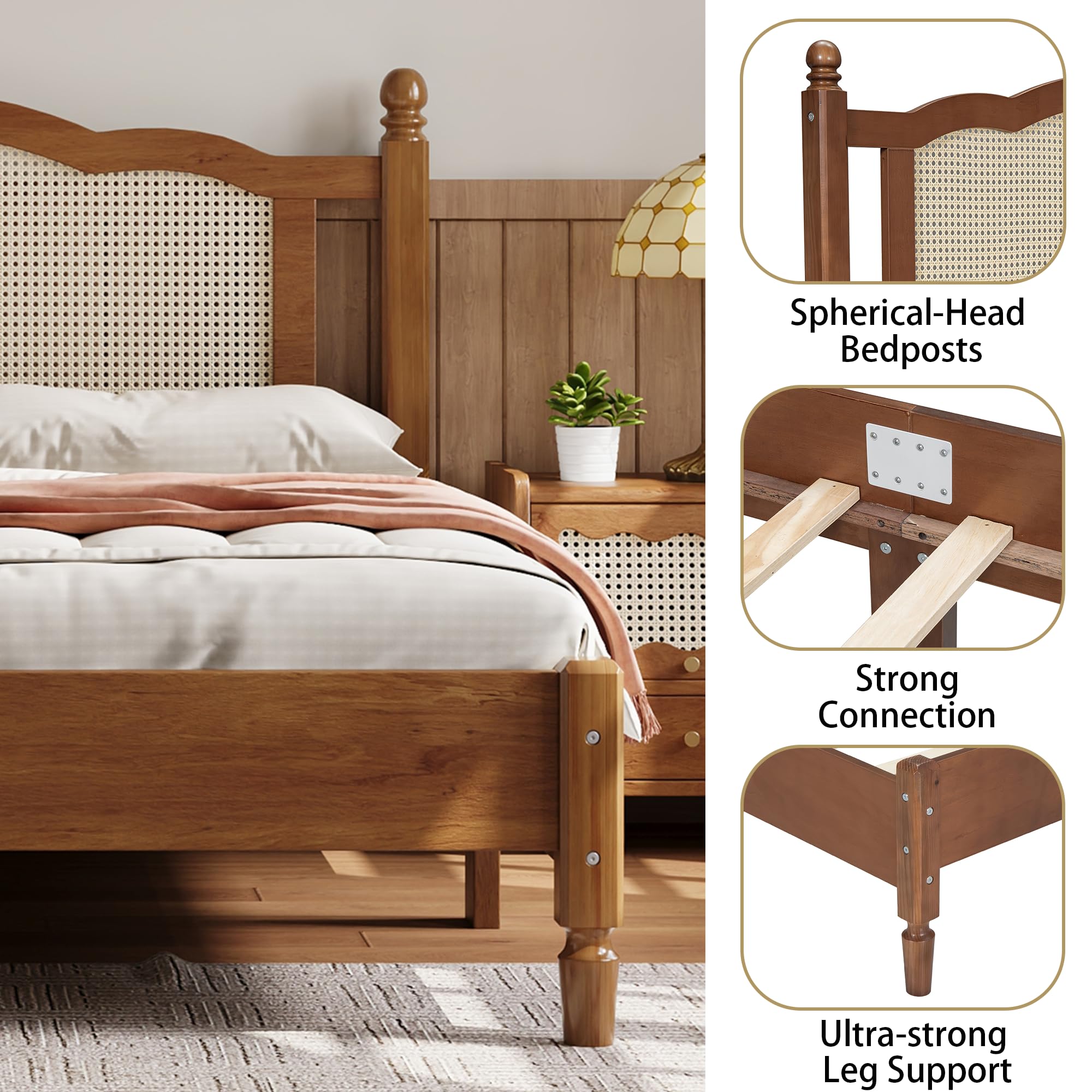 Aukfa Solid Wood Full Size Bed Frame with Natural Rattan Headboard, Walnut
