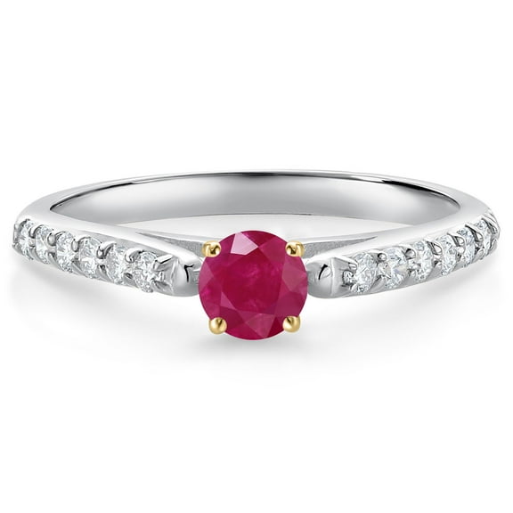 Gem Stone King 0.53 Ct Red Ruby G/H Lab Grown Diamond 10K White and Yellow Gold Engagement Ring (Size 7)