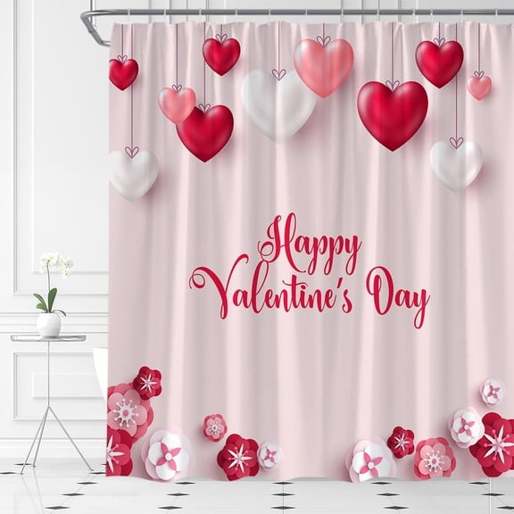Happy Valentine''s Day Shower Curtain Love Pink Red Romantic Flowers Hearts Fabric Bathroom Decor Set with Hooks(36" WX70 H)