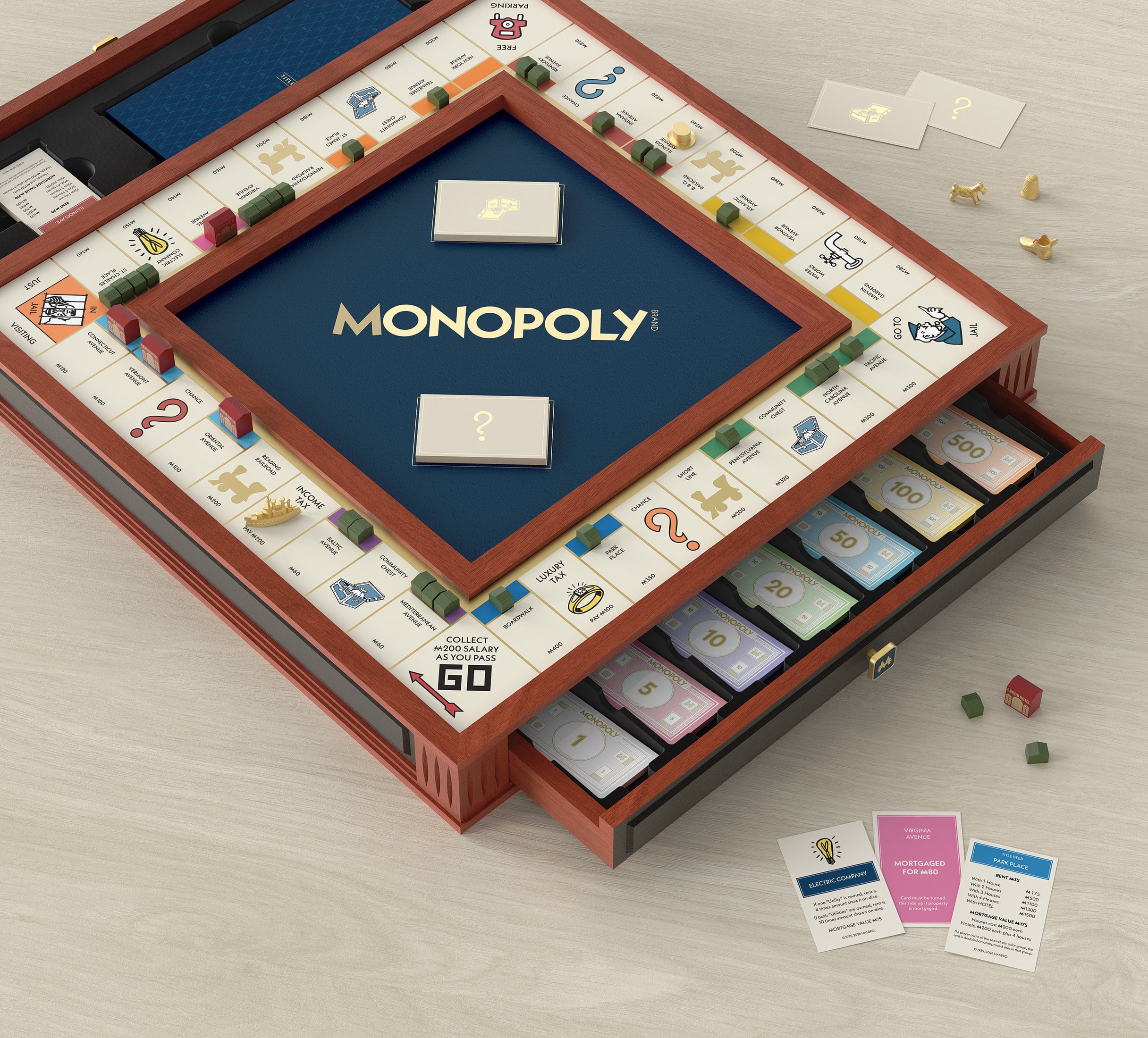 Monopoly Legacy Edition by WS Game Company — Deluxe Cherry Wood Cabinet with Vegan Leather Rolling Area — Premium Collector’s Board Game featuring Two Storage Drawers, Gold-Toned Tokens, Wood Houses