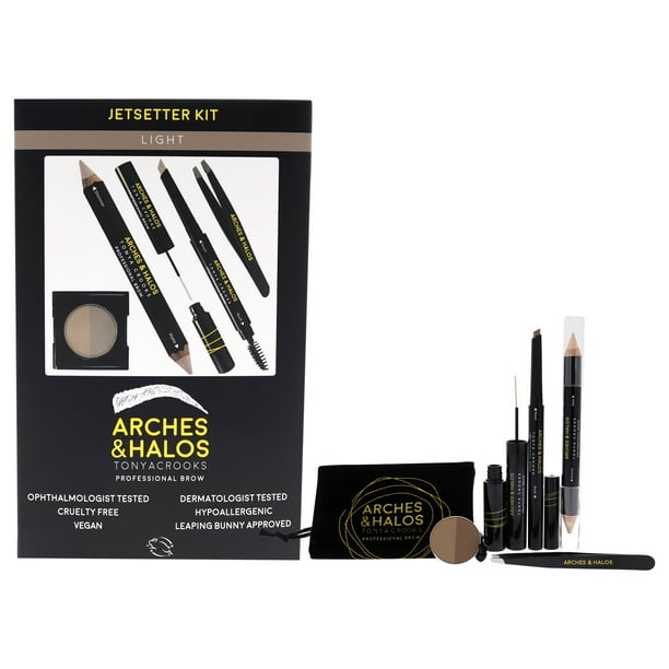 Arches and Halos Pinza de 1 pieza, lápiz de 0.012 oz, polvo de 0.088 oz, crayón de 0.176 oz, gel de 0.176 oz, bolsa de maquillaje Kit para cejas Jetsetter - Claro 6 Pc Arches and Halos Pinza de 1 pieza, lápiz, polvo, crayón de 0.176 oz, gel de 0.176 oz, bolsa de maquillaje 6 Pc