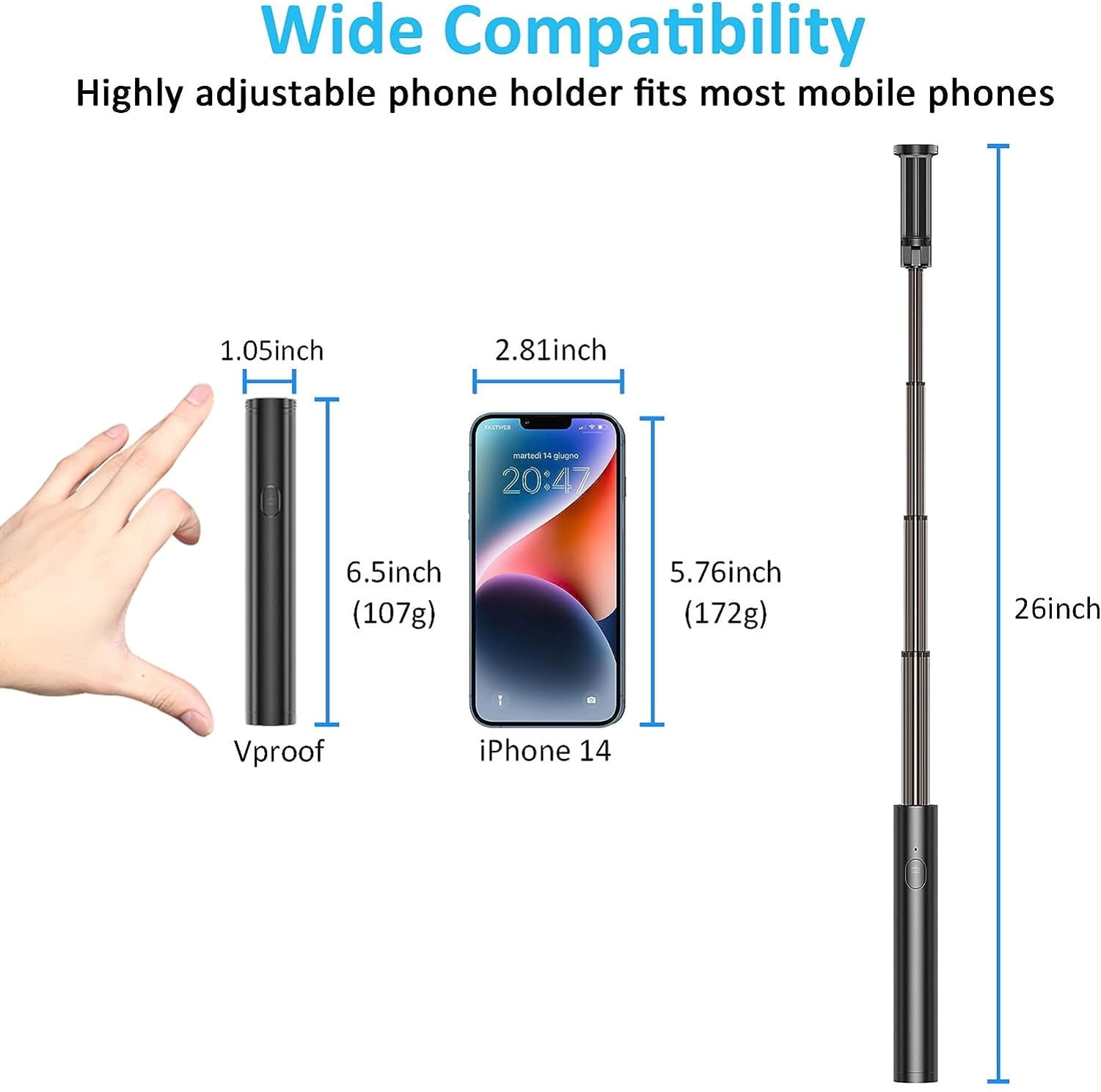 Wireless Selfie Stick for Cricket Vision Plus/Innovate E 5G - Lightweight Aluminum Remote Shutter Self-Portrait Extendable Compact