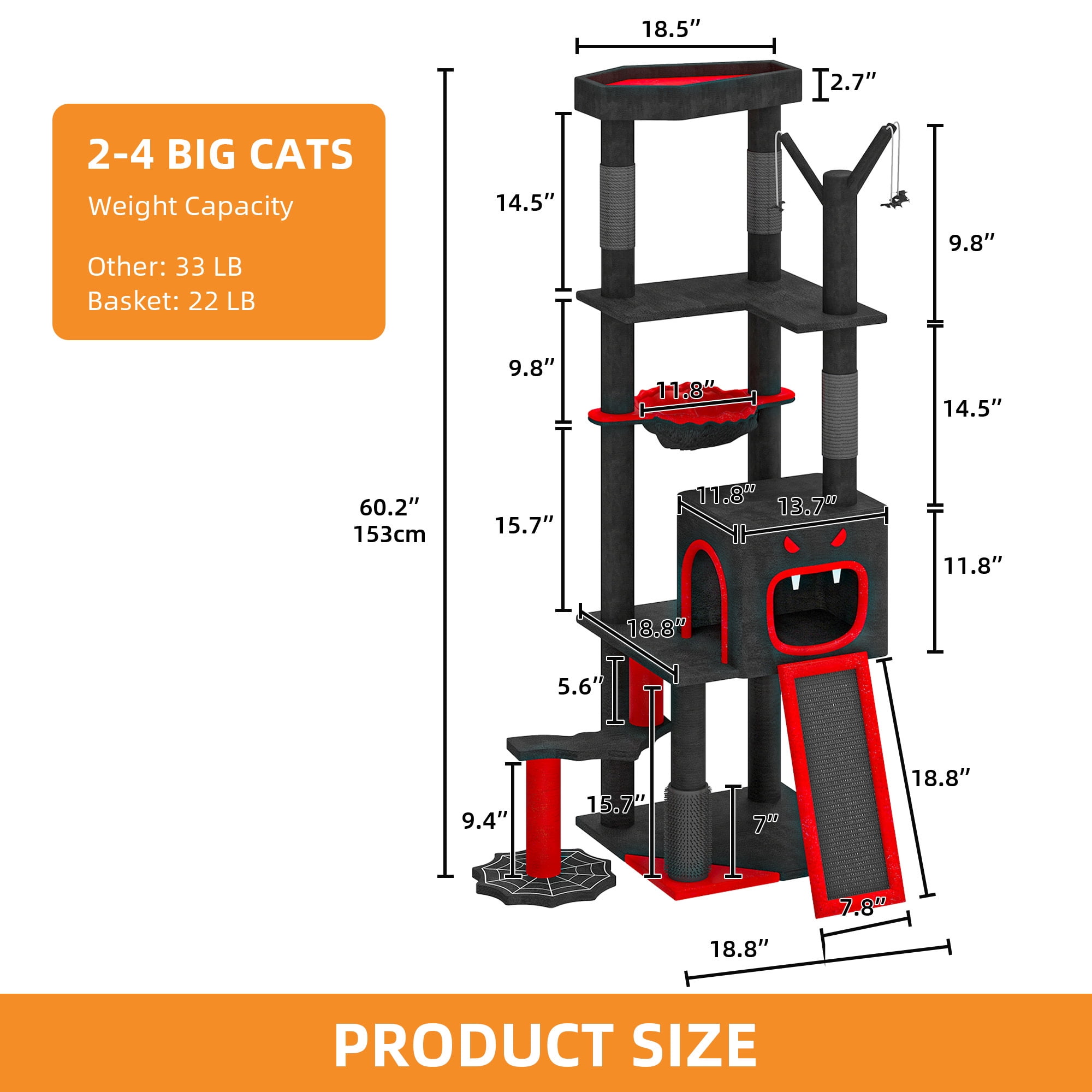 Uforic 60" Gothic Cat Tree Tower with Coffin Bed, Black Halloween Cat Tower with Top Perch, Condos, Basket & Scratcher