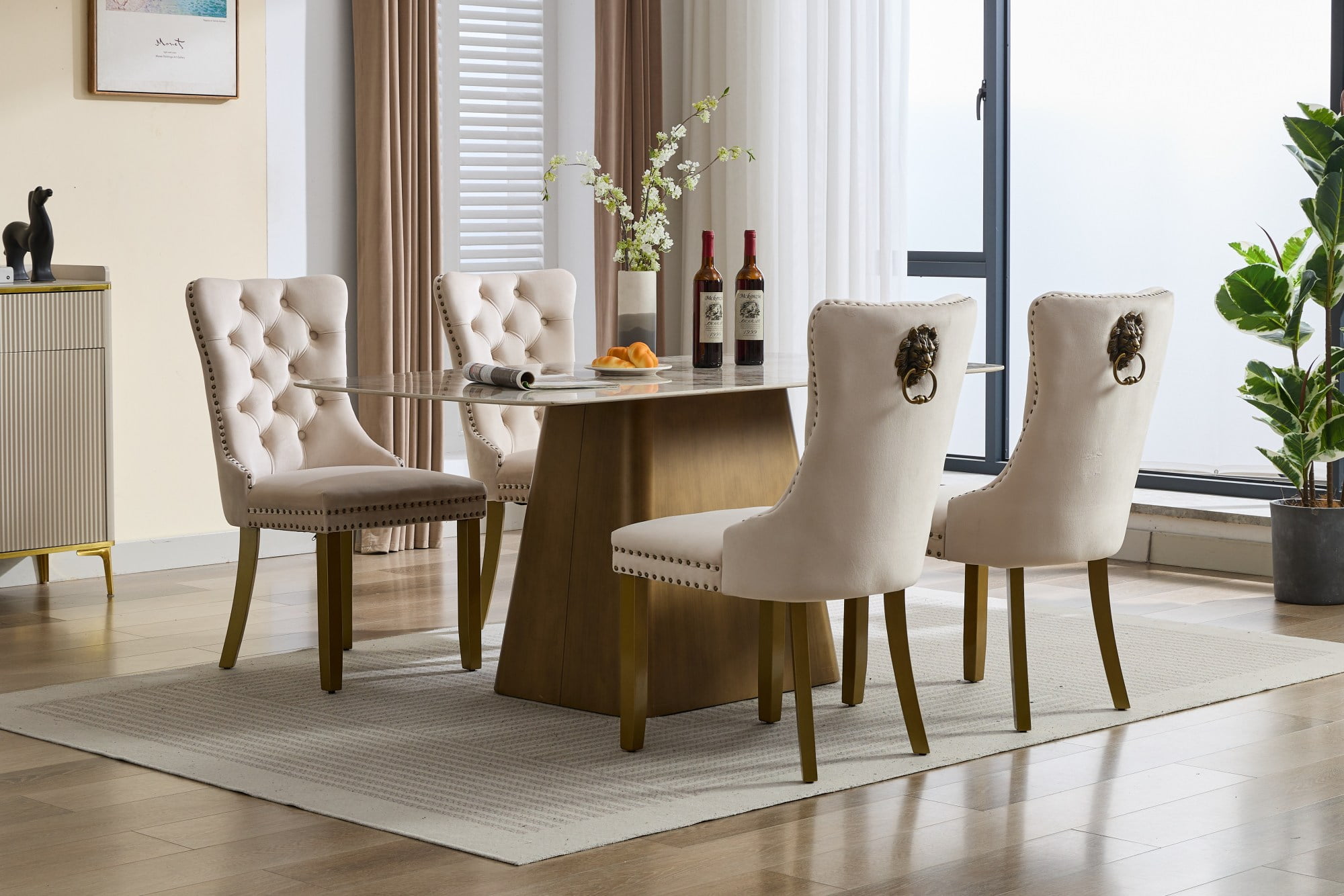 Jiayuan Song Mid-Century Velvet Dining Chairs, Black, Gold Solid Wood Legs & Lion Pulls, Set of 2