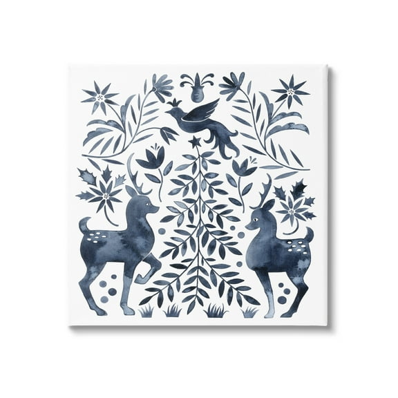 Festive Deer Dove Christmas Tree Botanicals Leaves Animals & Insects Painting Gallery-Wrapped Canvas Print Wall Art