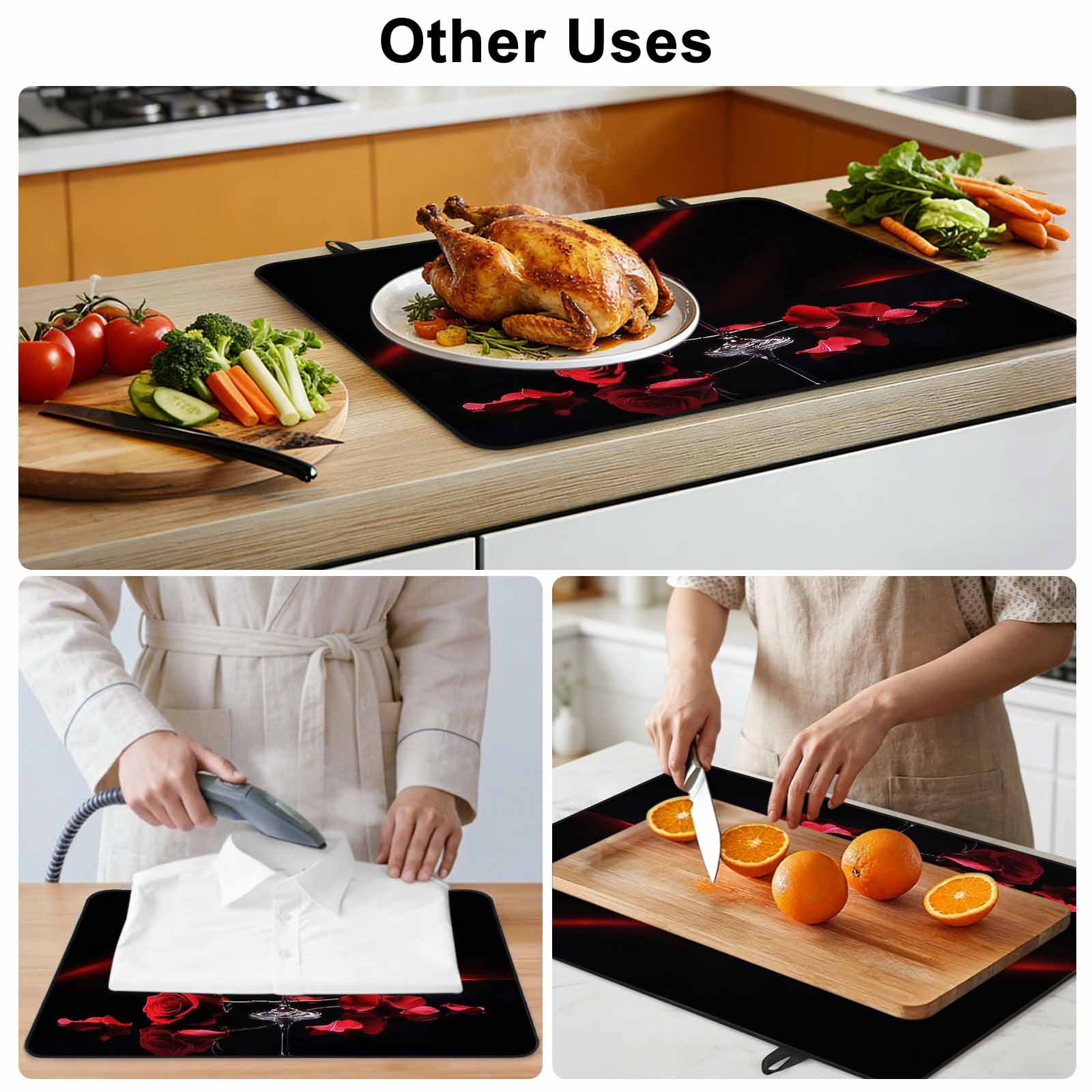 Valentine's Day Stove Top Cover for Electric Stove, Heat-proof & Non Slip Glass Top Stove Cover Protector, Red Roses Floral Romantic Black Spring Kitchen Flat Cooktop Rubber Mat 24x21 Inches