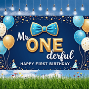 Yatrandify Blue Bow Tie Happy Birthday Banner Mr ONE derful First Birthday Celebration for Baby Boy Indoor Party Photo Shoot