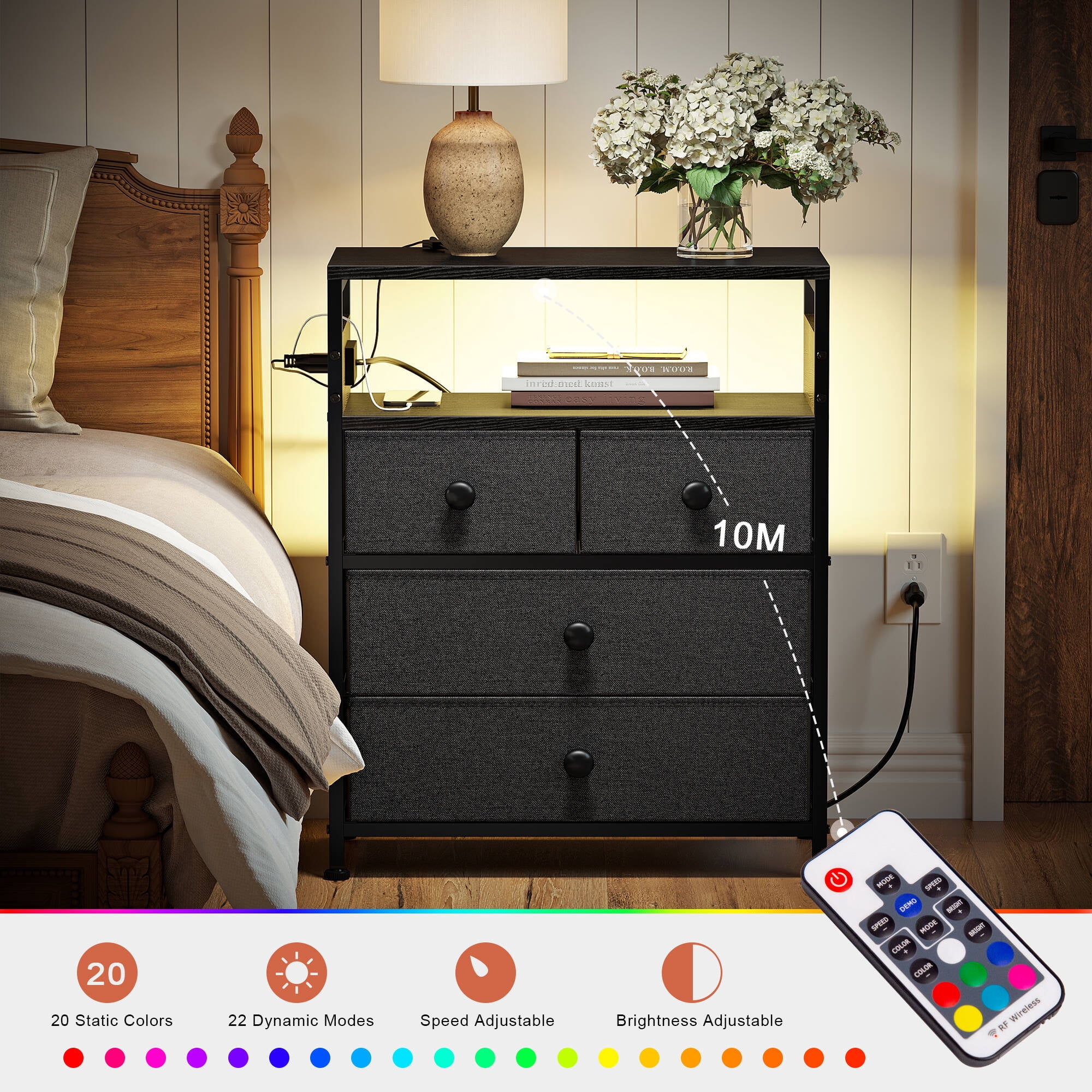 GUNAITO Led Nightstand Set of 2 with 4 Drawers Bedside Table with Charging Station Wide End Table with Storage Shelf for Living Room,Gray