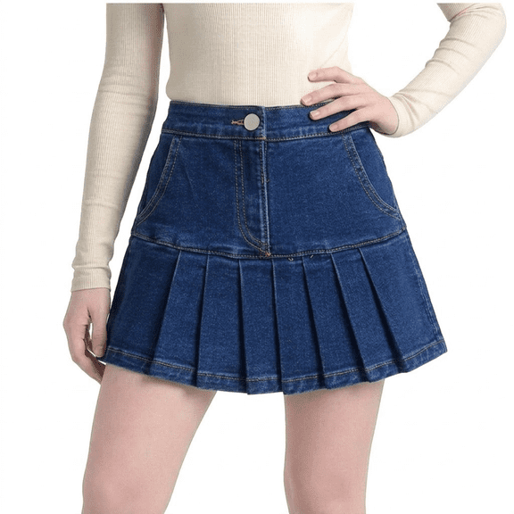 GiLiling Jean Skirt for Girls Denim Pleated Mini Skort with Pockets Casual School Uniform Skirt for Daily Wear (Blue, 6-7 Years)
