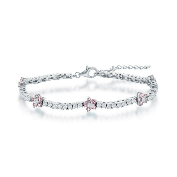 TheJewelryHut Designer Sterling Silver Flower CZ Tennis Bracelet - Pink CZ