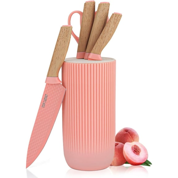 6-Piece Pink Professional Knife Set with Knife Block – Ultra-Sharp Stainless Steel Blades, Non-Stick Coating, Ergonomic Handle – Chef, Utility, Japanese, Kitchen Scissors – Ideal Gift for Home & Pros