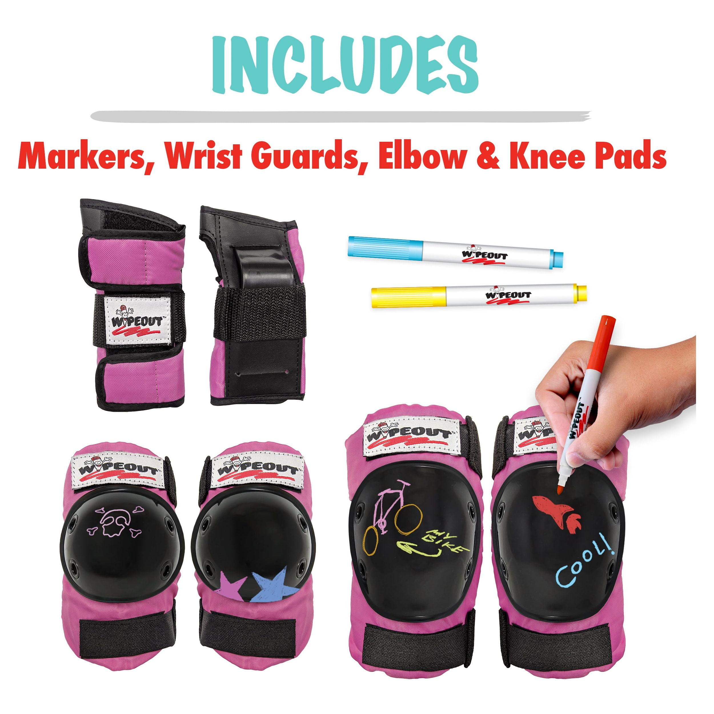 Wipeout 3Pk Pads, Pink, 13.8" Assembled Width, Youth 5+