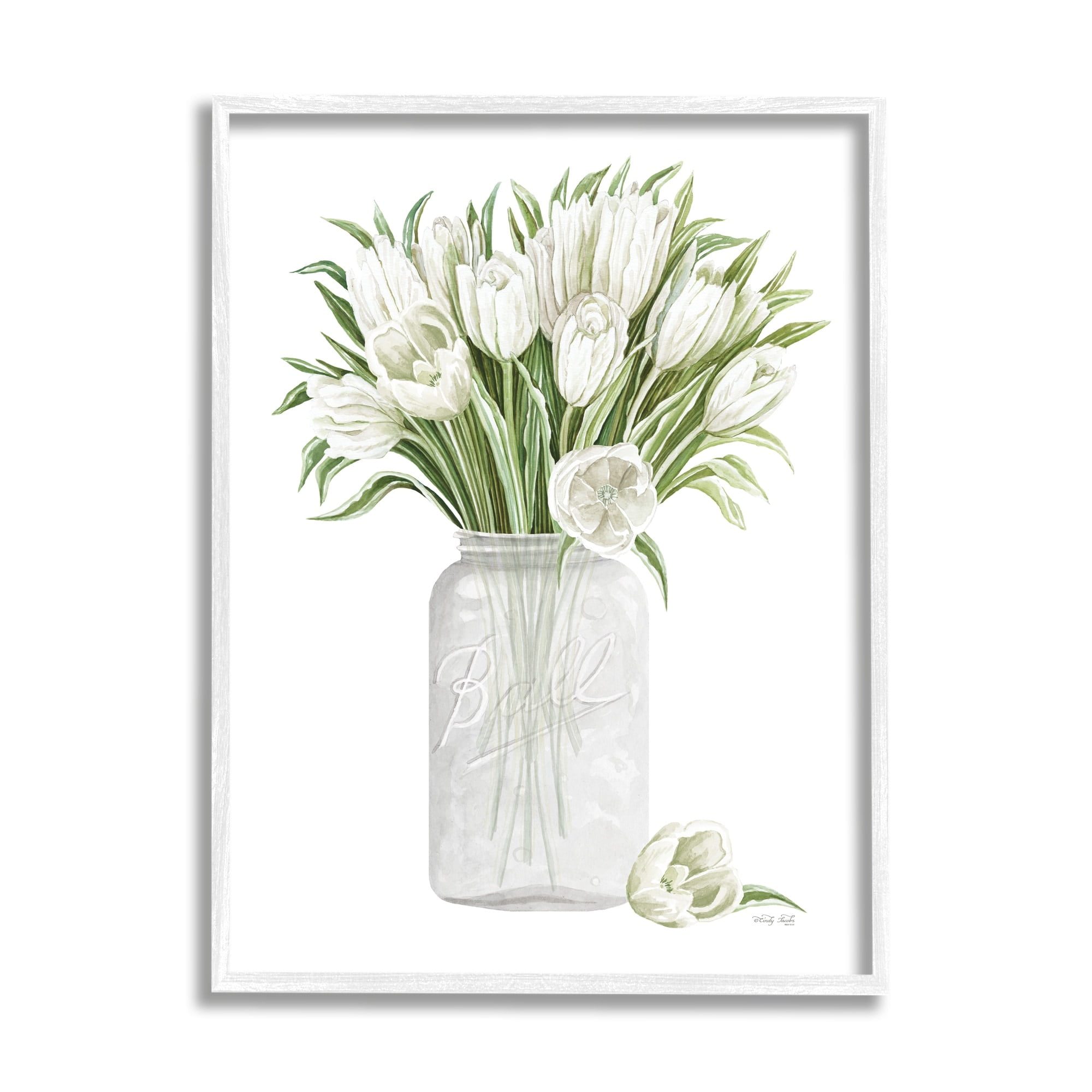 Stupell Industries White Tulips Rustic Country Jar Falling Blooms Painting White Framed Art Print Wall Art, Design by Cindy Jacobs