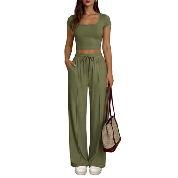 Women'S Lounge Sets 2 Piece Wide Leg Pants Crop Tops Casual Y2K Outfits Matching Tracksuit Set Green S