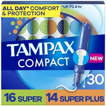 Tampax Compact Pearl Tampons Multipack, with LeakGuard Braid & Extendable Applicator, Super/Plus Absorbency, Compact Extendable Applicator, Unscented, 30 Count