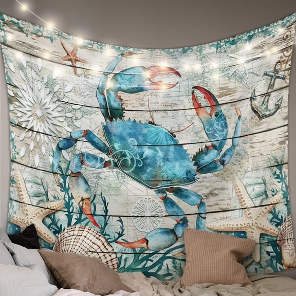 Teal Crab Coastal Tapestry for Bedroom Wall Hanging Tapestry, Summer Beach Nautical Starfish Retro Ceiling Backdrop Tapestries Poster Blanket Wall Decor for Teens Room Living Room Dorm 39" x 59"
