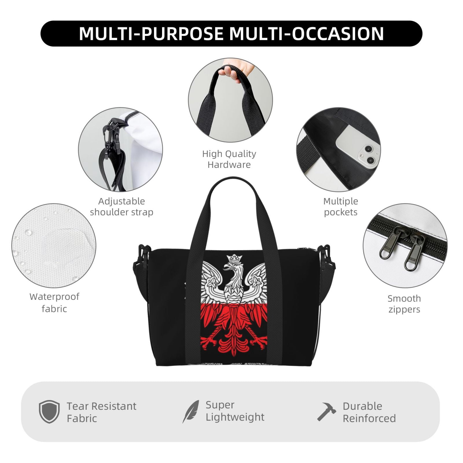 Travel Duffel Bag Polish Flag White Eagle Sports Tote Gym Bag Shoulder Weekender Overnight Bag For Women Men