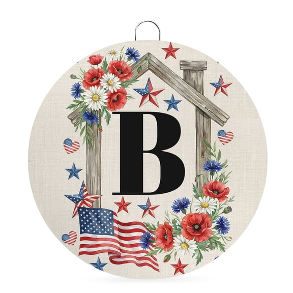 Round Welcome Sign for Front Door, Monogram Letter B Patriotic Hanging Metal Farmhouse Wall Decor for Porch Entryway, 4th of July Memorial Day Floral Decoration for Holiday Housewarming Gift, 8 in