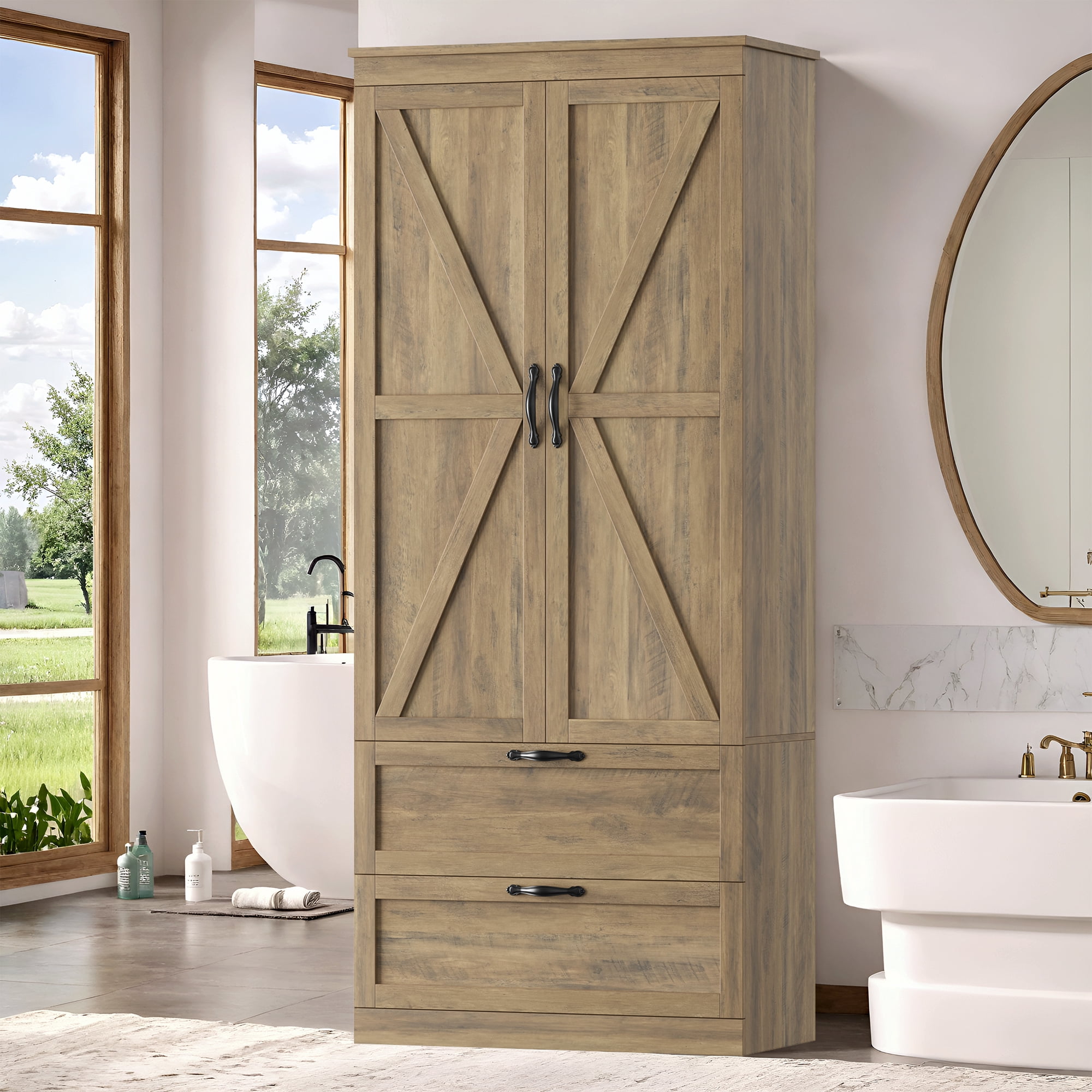 Homfa 70.3"H Bathroom Storage Cabinet, Farmhouse Linen Storage Cabinet with 2 Drawers, Rustic Brown