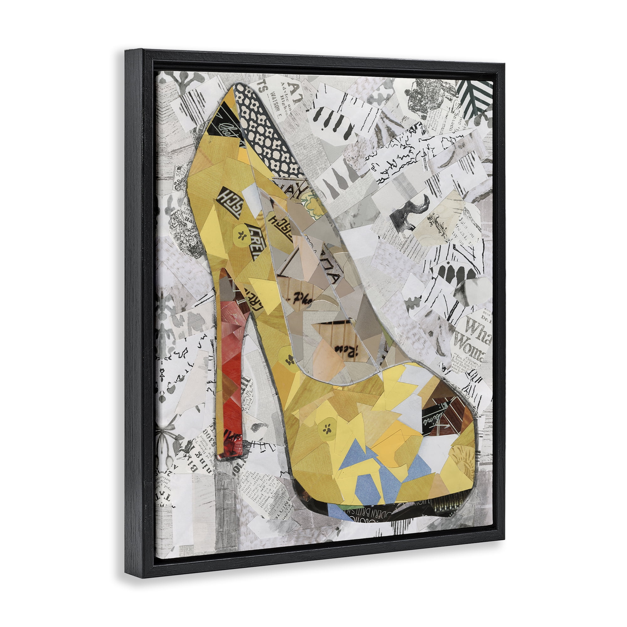 Stupell Industries Collaged Yellow Heel Fashion Painting Black Floater Framed Canvas Art Print Wall Art, 17 x 21