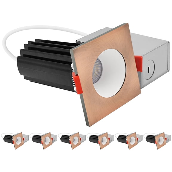 LUXRITE 2 In. LED Recessed Light, Round White & Square Copper Interchangeable Trim, 5CCT, 1000LM, 15W, Dimmable 6 Pack