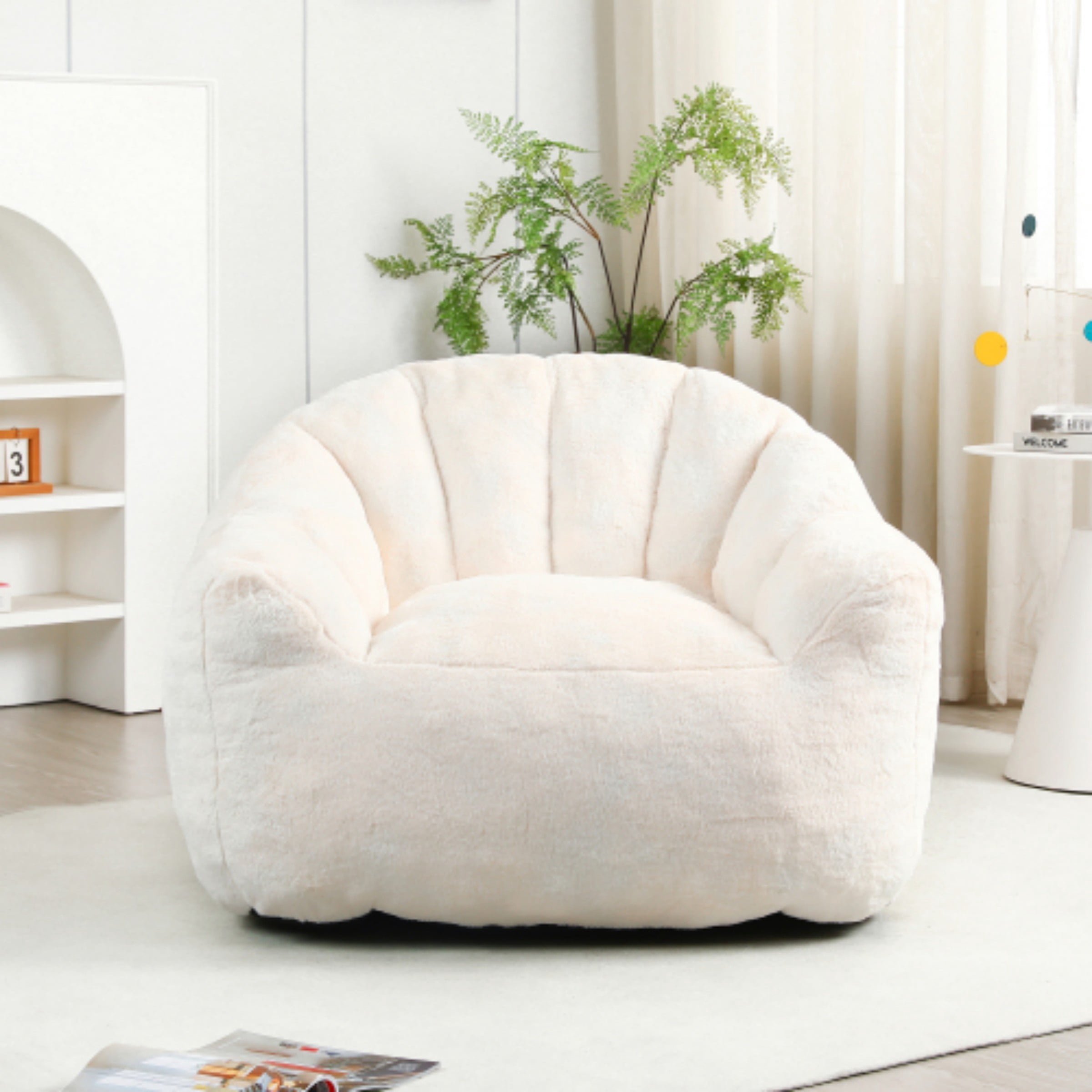 Bean Bag Chair for Adults, Memory Foam Bean Bag Sofa with Armrests, Comfy Lazy Floor Chair for Living Room Bedroom Reading, White