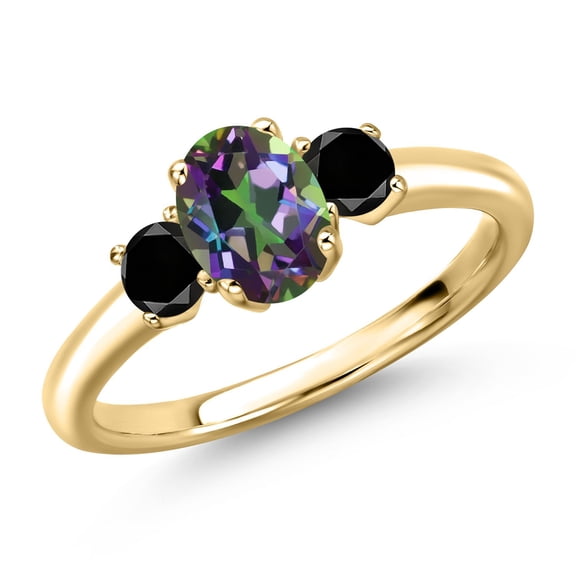 Gem Stone King 10K Yellow Gold Green Mystic Topaz and Black Diamond Engagement Ring for Women | 1.34 Cttw | Oval 7X5MM | Gemstone November Birthstone | Size 9