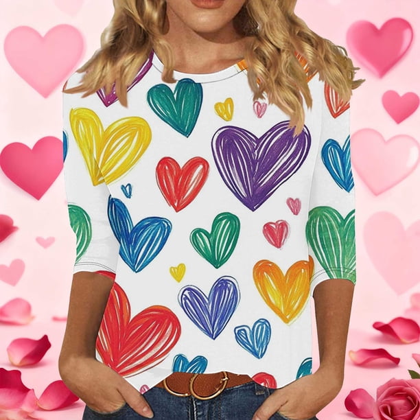 RKSTN Valentines 3/4 Sleeve Tops for Women Oversized Crewneck Valentine's Day Graphic Printed Short Sleeve T Shirt Womens Casual Round Neck Loose Comfy Loves Heart Print Three Quarter Sleeve Shirts