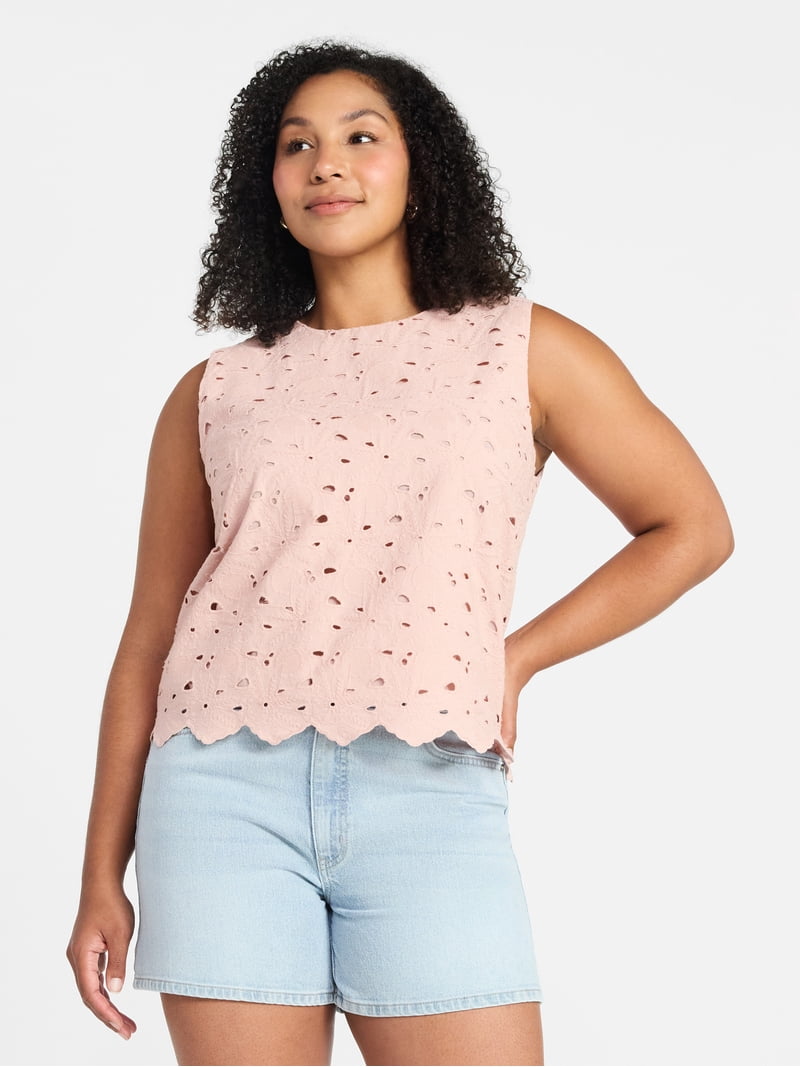 Time and Tru Women's and Women's Plus Sleeveless Cotton Eyelet Top