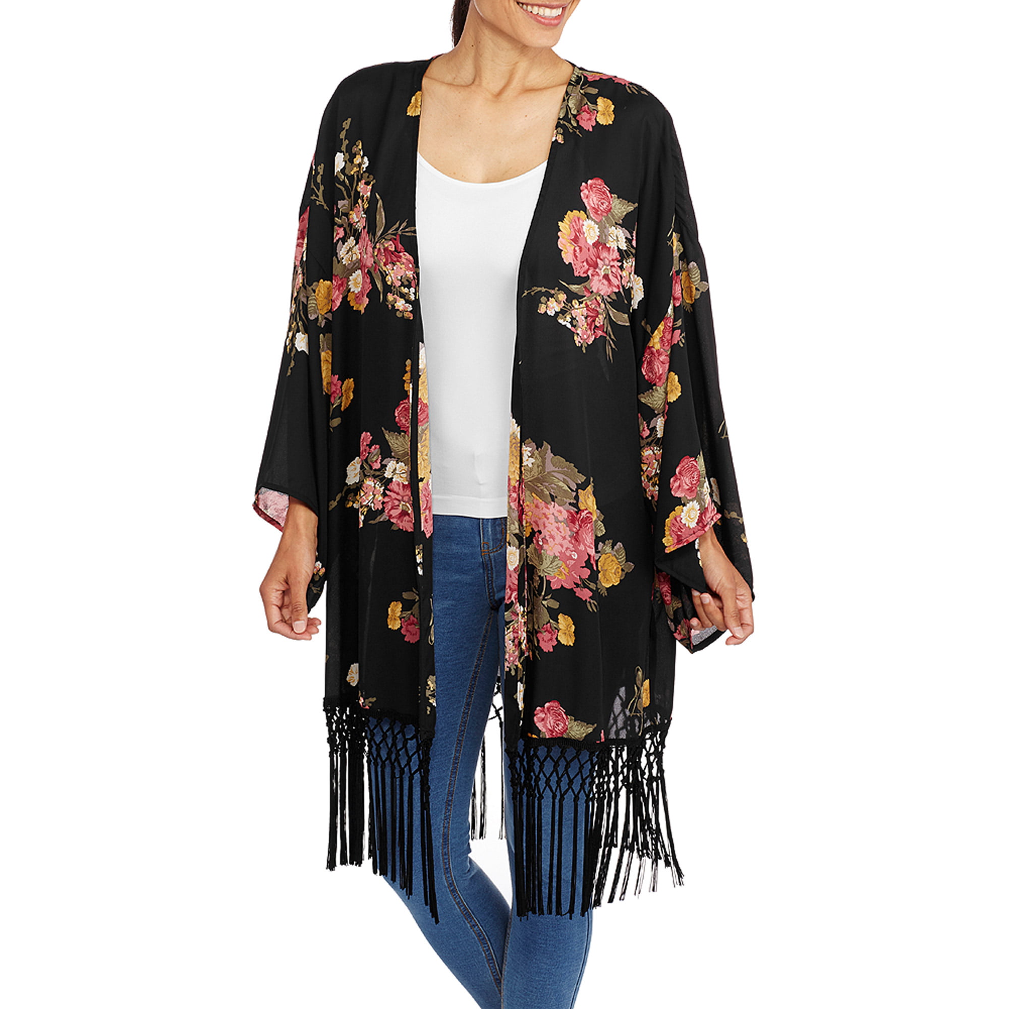 Women's Floral Kimono With Fringe - Walmart.com