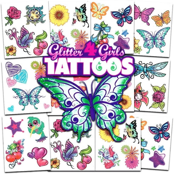 Glitter Tattoos for Girls ~ 50 Dazzling Designs ~ Butterflies Tattoos, Hearts, Flowers, and More Waterproof Temporary Tattoos for Birthday Party Favors Goodie Bags Fillers