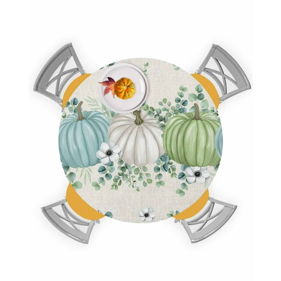Round Fitted Tablecloths with Elastic Edge Thanksgiving Autumn Farm Pumpkin Oil-Proof Waterproof Wipeable Table Cover for Kitchen Dining Party Decor Eucalyptus Leaves Linen Table Clothes,36" - 44"