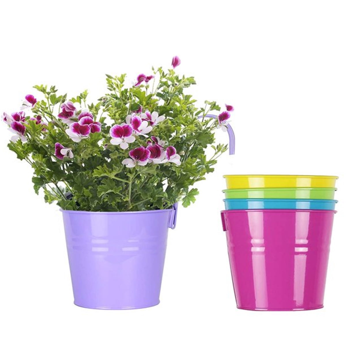 Casewin 4" Small Iron Hanging Planters Multicolor Flower Pots Balcony Garden Railing Planter, Fence Hanging Metal Bucket Plants Holders Set for Indoor and Outdoor, 12PCS