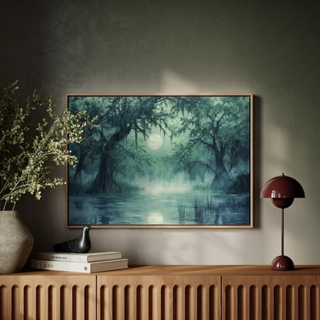 Mystical Moonlit Swamp - Enchanting Nature Art Serene Forest Landscape With Full Moon Glow And Ethereal Reflections Wall Art Modern Wall Decor 16x24 UNFRAMED