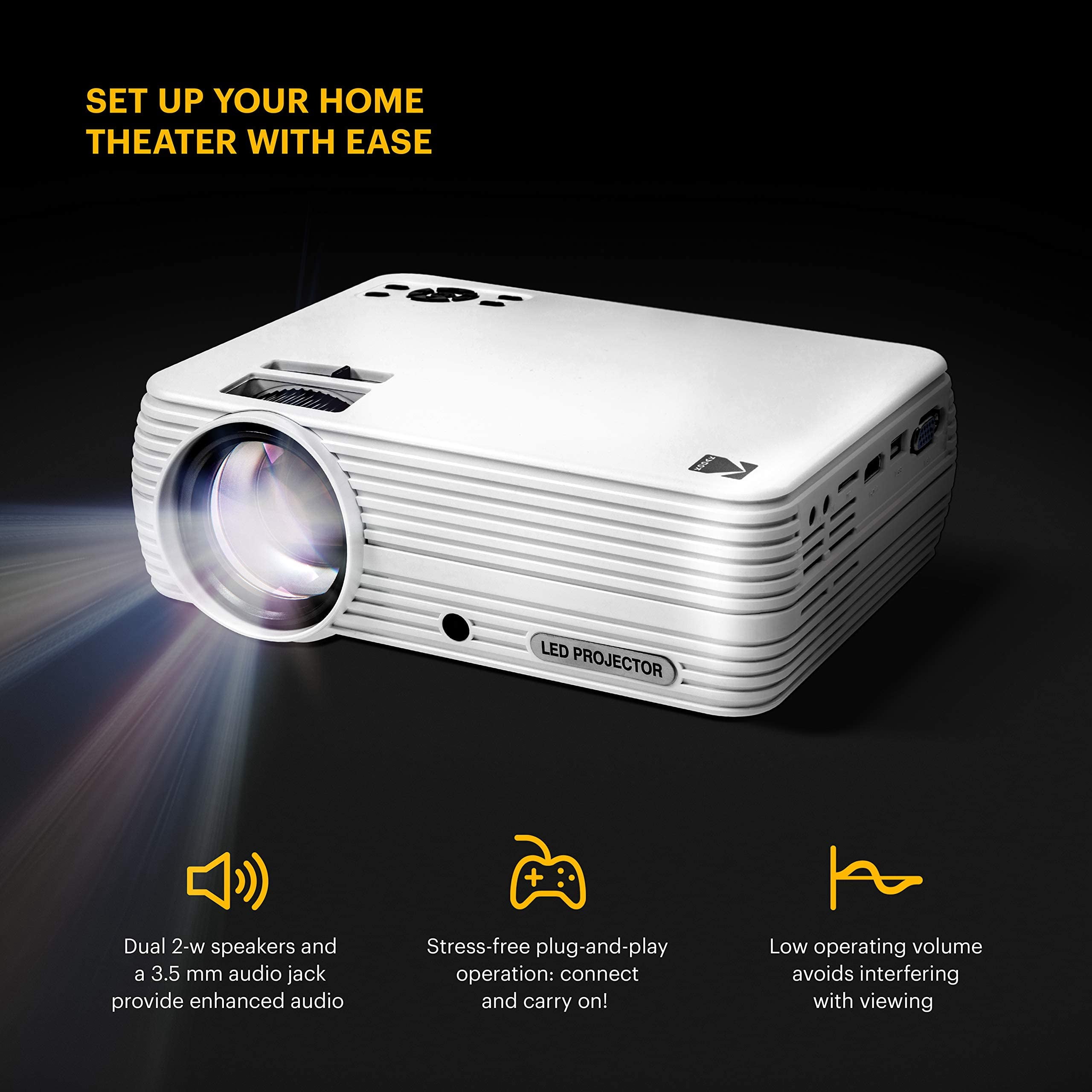 Kodak Flik X7 Home Projector, 1080p Support, Portable 4.0 LED Projector with Tripod & Case
