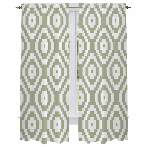 Sage Green White Geometric Kitchen Curtain for Berdoom Living Room Cafe 72 Inch Length, Modern Abstract Art Tiers Curtains Light Filtering Drapes Rod Pocket Window Treatment 2 Panels 52"Wx72"L