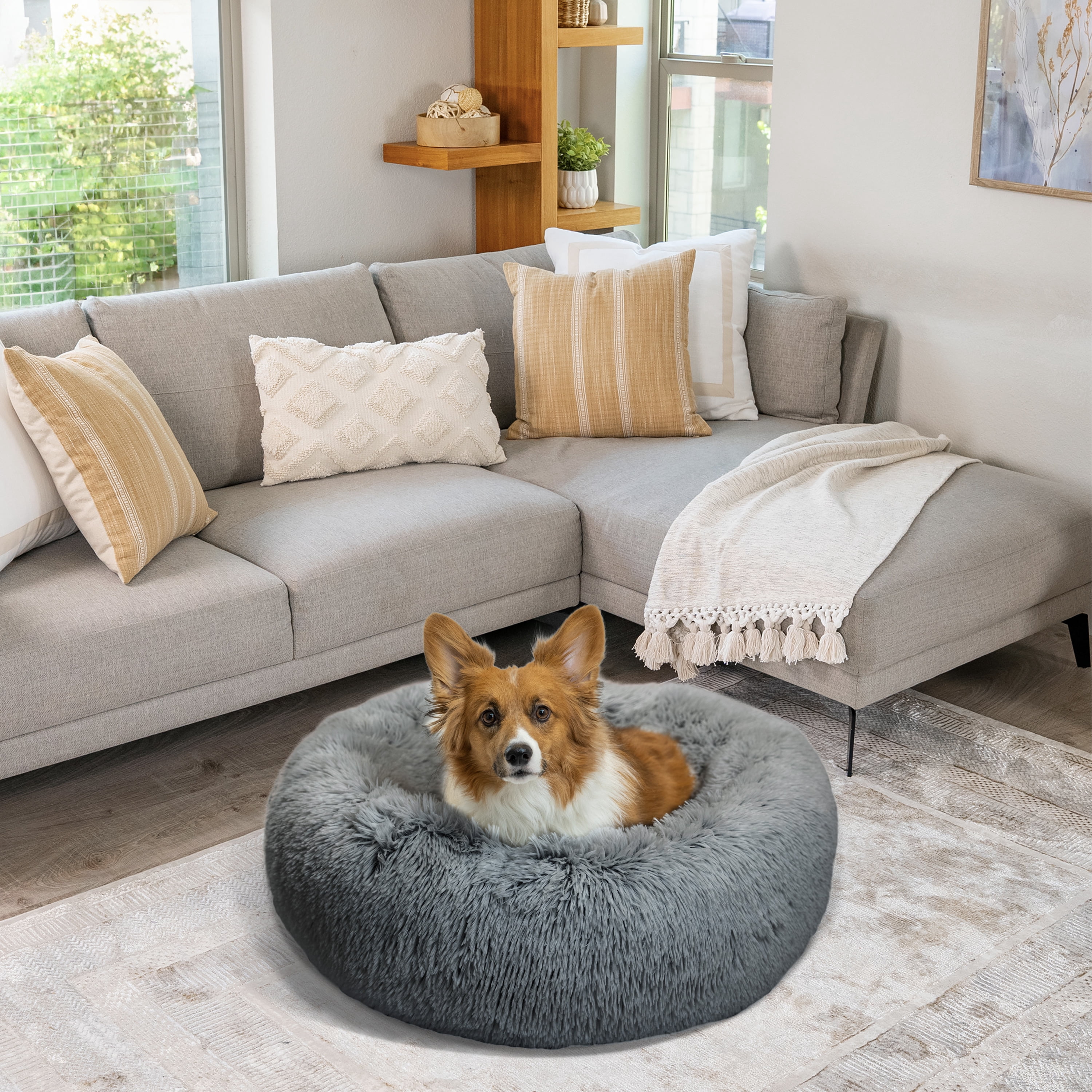 Best Friends by Sheri The Original Calming Donut Dog Bed – Washable Plush Pet Bed for Medium Breeds up to 45 lbs, Shag Faux Fur, Gray, Medium (30" x 30")
