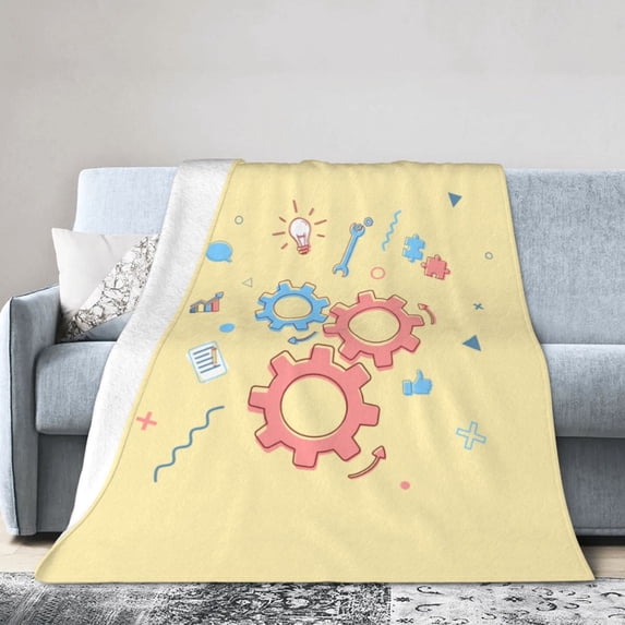 DouZhe Ultra-Soft Micro Fleece Lightweight Flannel Bed Blanket, Gears Machine Yellow Print Cozy Warm Throw Blankets, 40"x30"