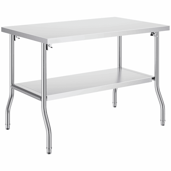 Commercial Stainless Steel Work Table 48x30 Inch, Folding Kitchen Workstation, Heavy Duty Prep Table with Double Shelf, 772lbs Capacity, Silver