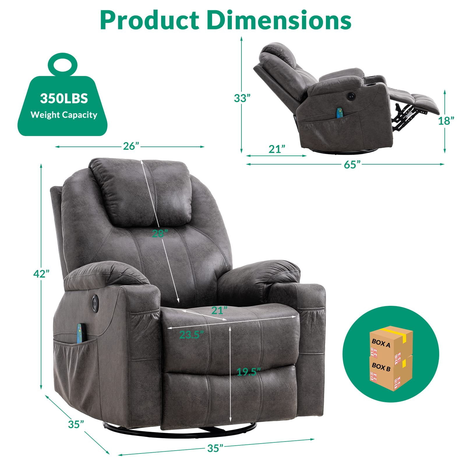 VIVIJASON Manual Massage 360° Swivel and Heating Recliner, Gray