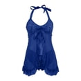 thumbnail image 5 of BRICH Women's Sleepwear Sets Halter Open Front Ruffle Sheer Mesh Lace Lingerie Dress with Thong 2 Piece Blue XL, 5 of 6