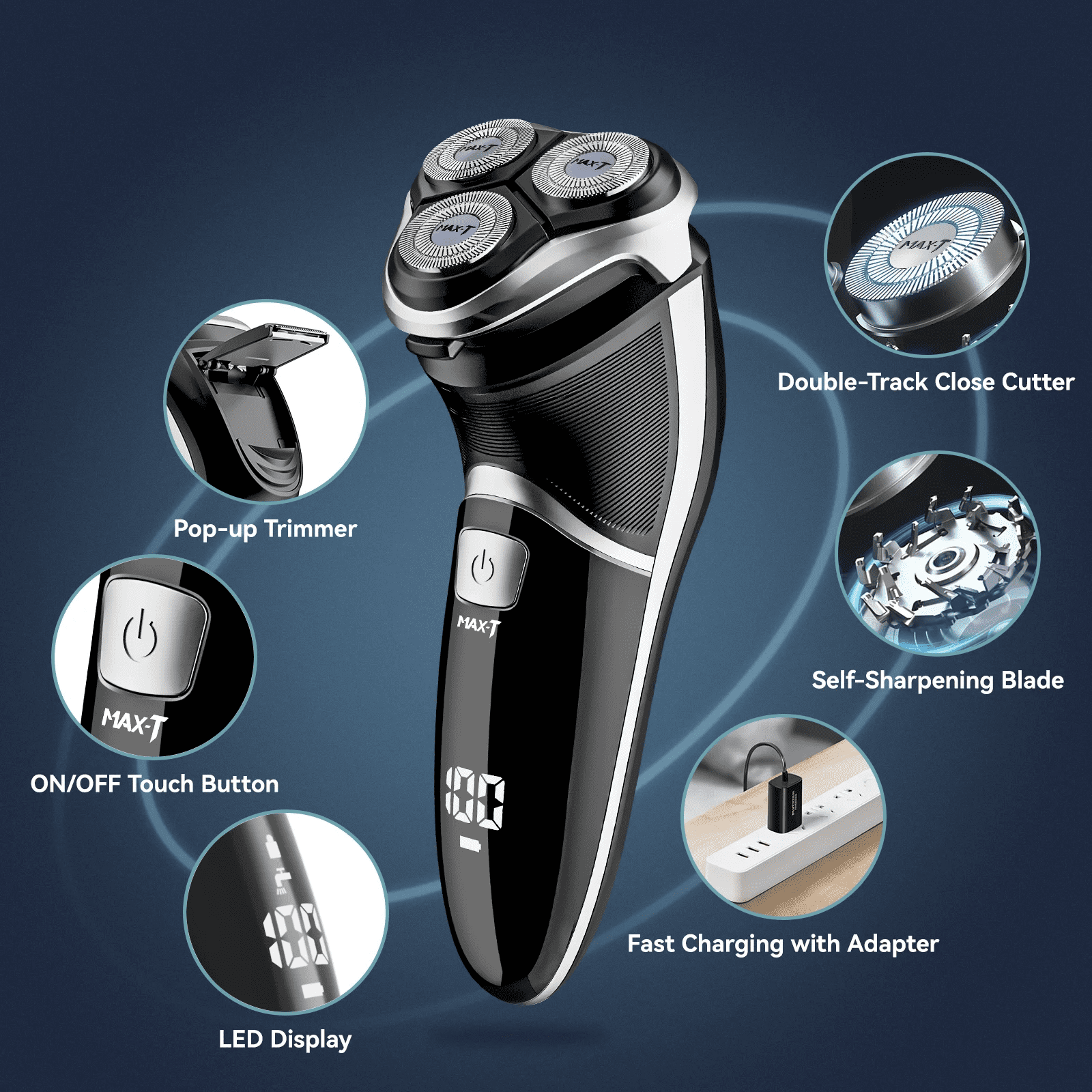 MAX-T Electric Razor for Men, USB-C Fast Charge 1H/120Min, IPX7 Waterproof Wet Dry, Pop-Up Beard Trimmer, 3D Floating Head, LED Display, Gift for Men, Black