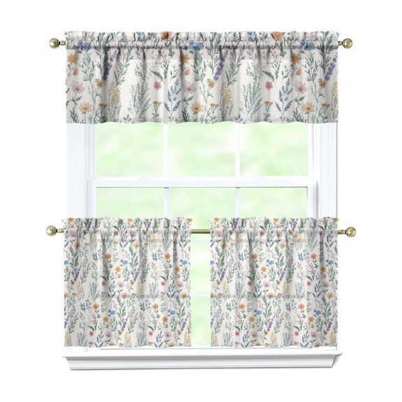 Vintage Wildflower Curtains 24 Inch - 3 Panel Rustic Farmhouse Kitchen Set with Blooming Botanicals, Boho Chic Rod Pocket Design for Country Cottage