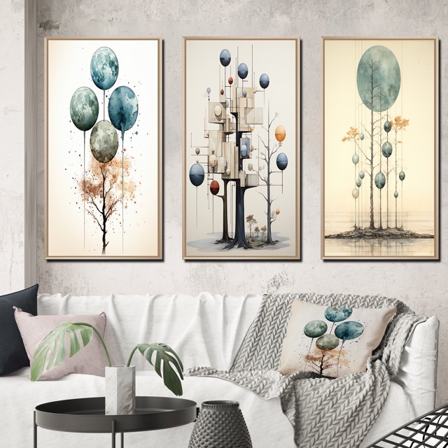Designart "Vintage Illustration Geometric Tree of Wisdom III" Modern Geometric Framed Wall Art Set Of 3 - Blue Abstract Frame Canvas Set For Living Room Decor