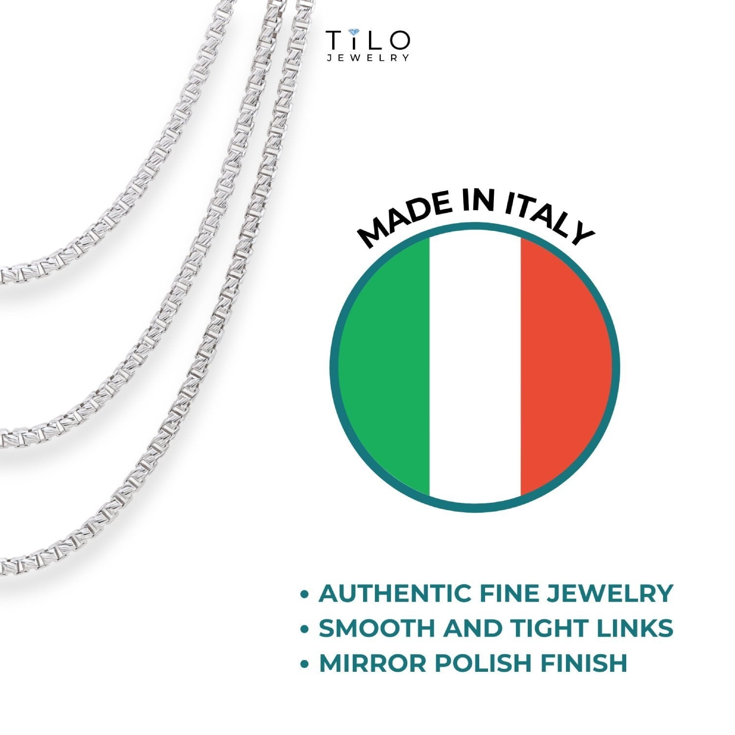 Tilo Jewelry Solid 925 Sterling Silver Diamond-Cut Engraved Box Chain Necklace with Secure Lobster Lock | 1.5mm - 16 Inch | Everyday Necklace for Men & Women