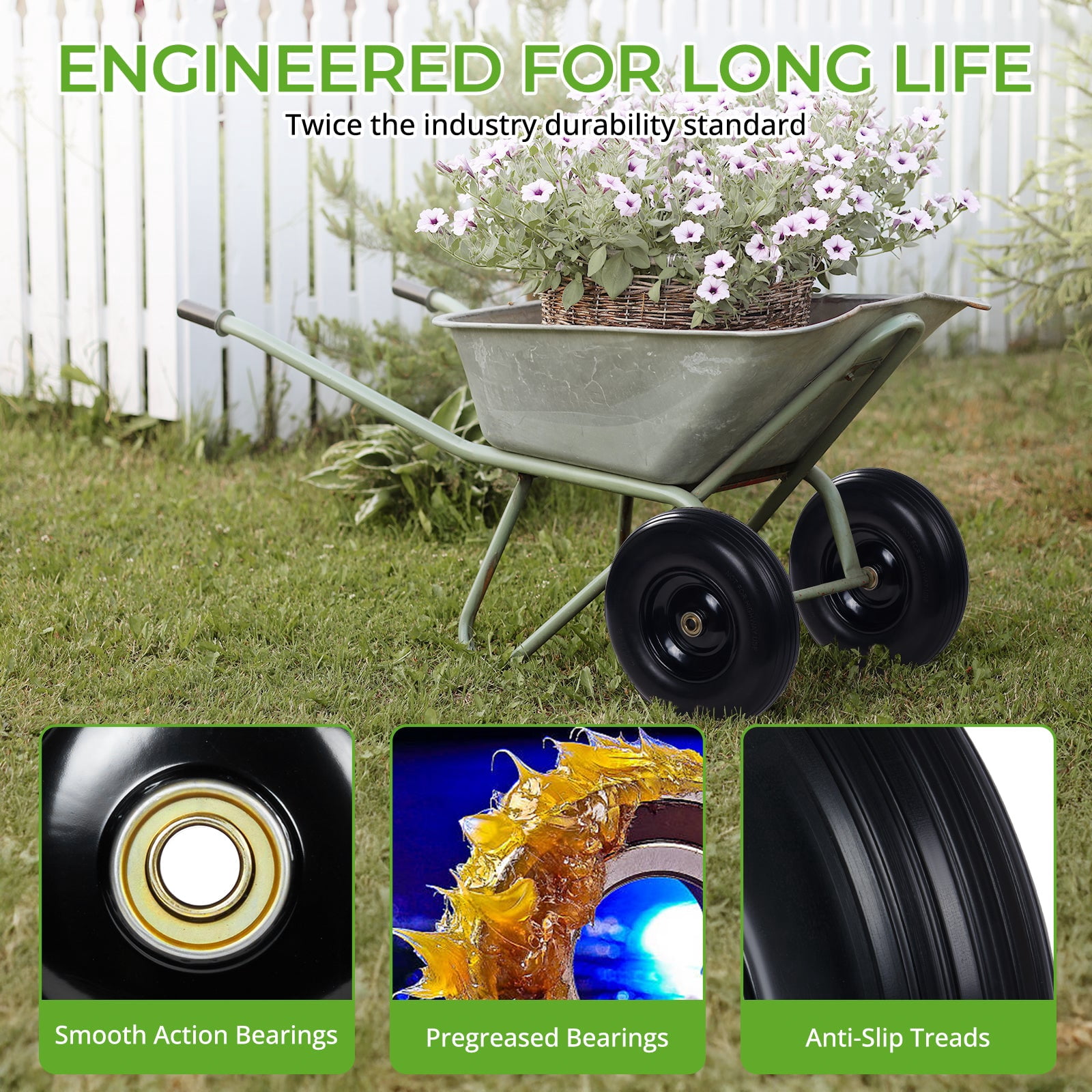 Backyard Expressions 13-Inch Flat-Free PU Tire 2-Pack – Solid PU Replacement Wheels with 5/8" & 3/4" Bearings, Spacer Kit & Steel Hubs for Wheelbarrows, Garden Carts, Wagons, Hand Trucks & More