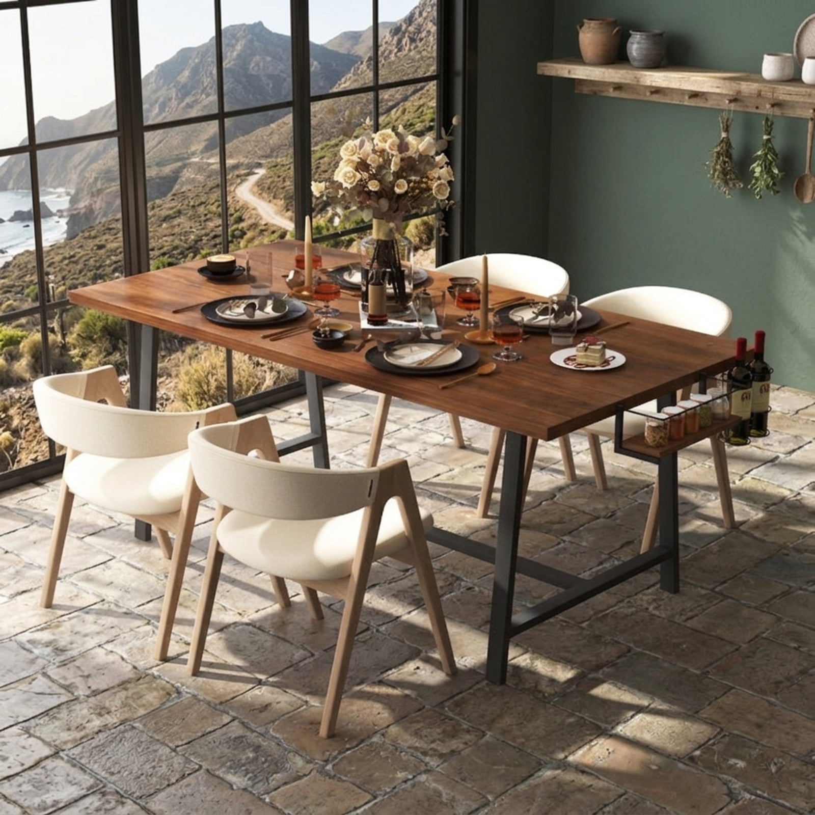Furnibear 72 Inch Dining Table Rectangular Kitchen Table with 2-Bottle Wine Rack for 5-7 for Kitchen Dining Room Breakfast Nook Small Space, Walnut