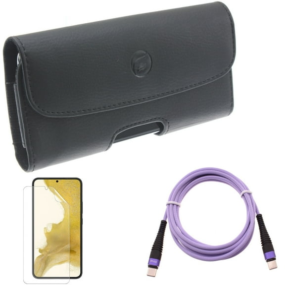 For Samsung Galaxy S21 (6.2") - Holster Leather Case Belt Clip   Long Charger Cord Type-C to USB-C Purple 6ft PD Cable   Anti-Glare TPU Film Matte Screen Protector