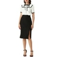 thumbnail image 2 of Allegra K Women's Short Sleeve Button Front Lace Panel Bow Tie Collar Blouse, 2 of 6